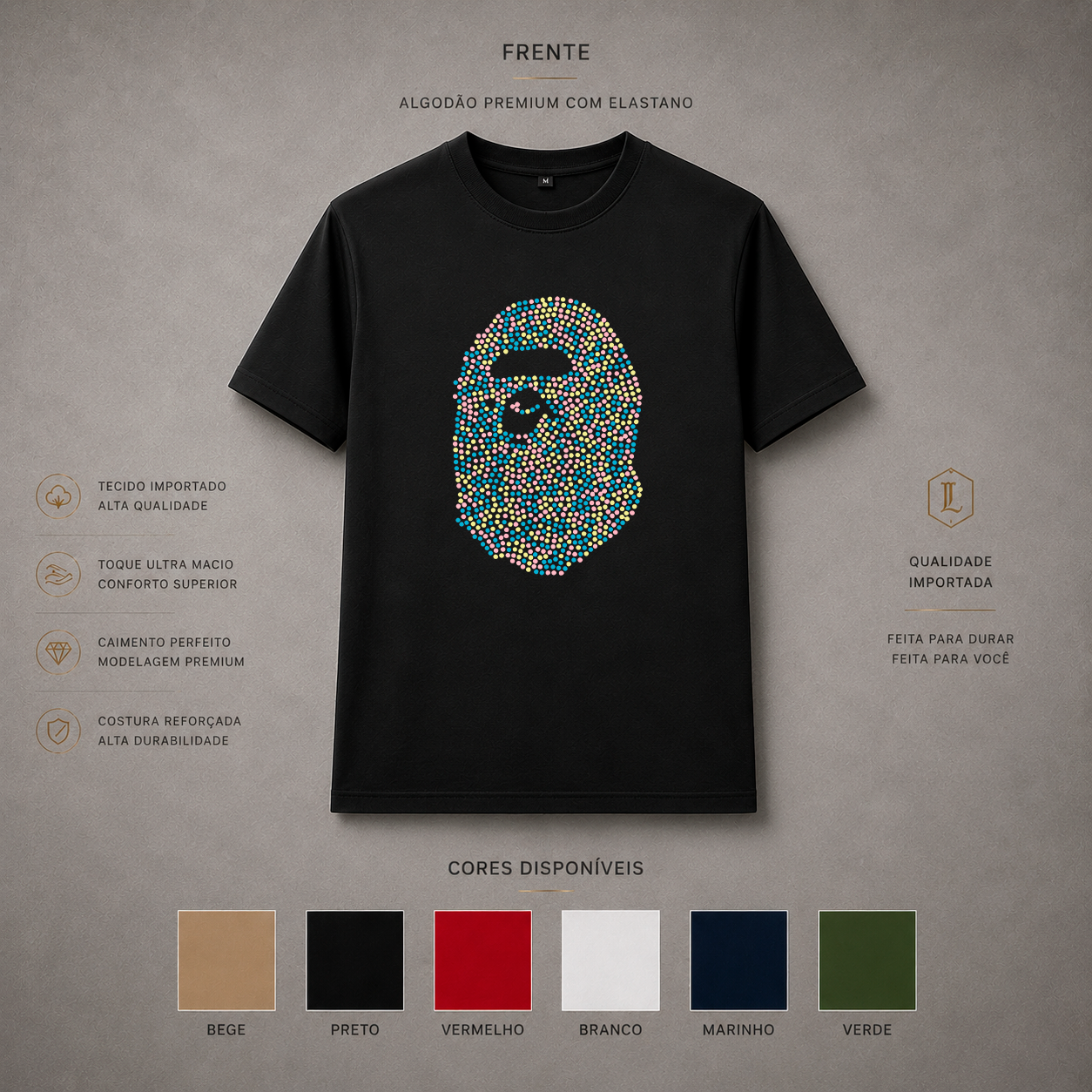 Camisa Importada Pima Bape Pixel Camo - cabeça de ape construída por pontos coloridos