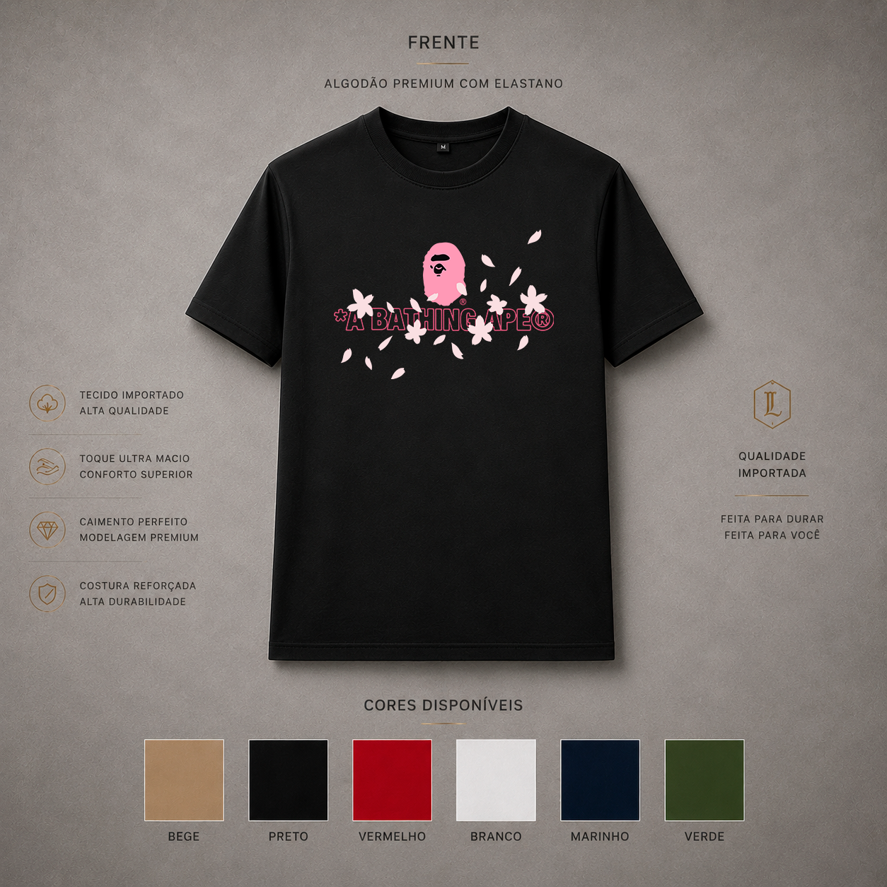 Camisa Importada Pima Bape Sakura Bloom - cabeça de ape rosa com pétalas de sakura