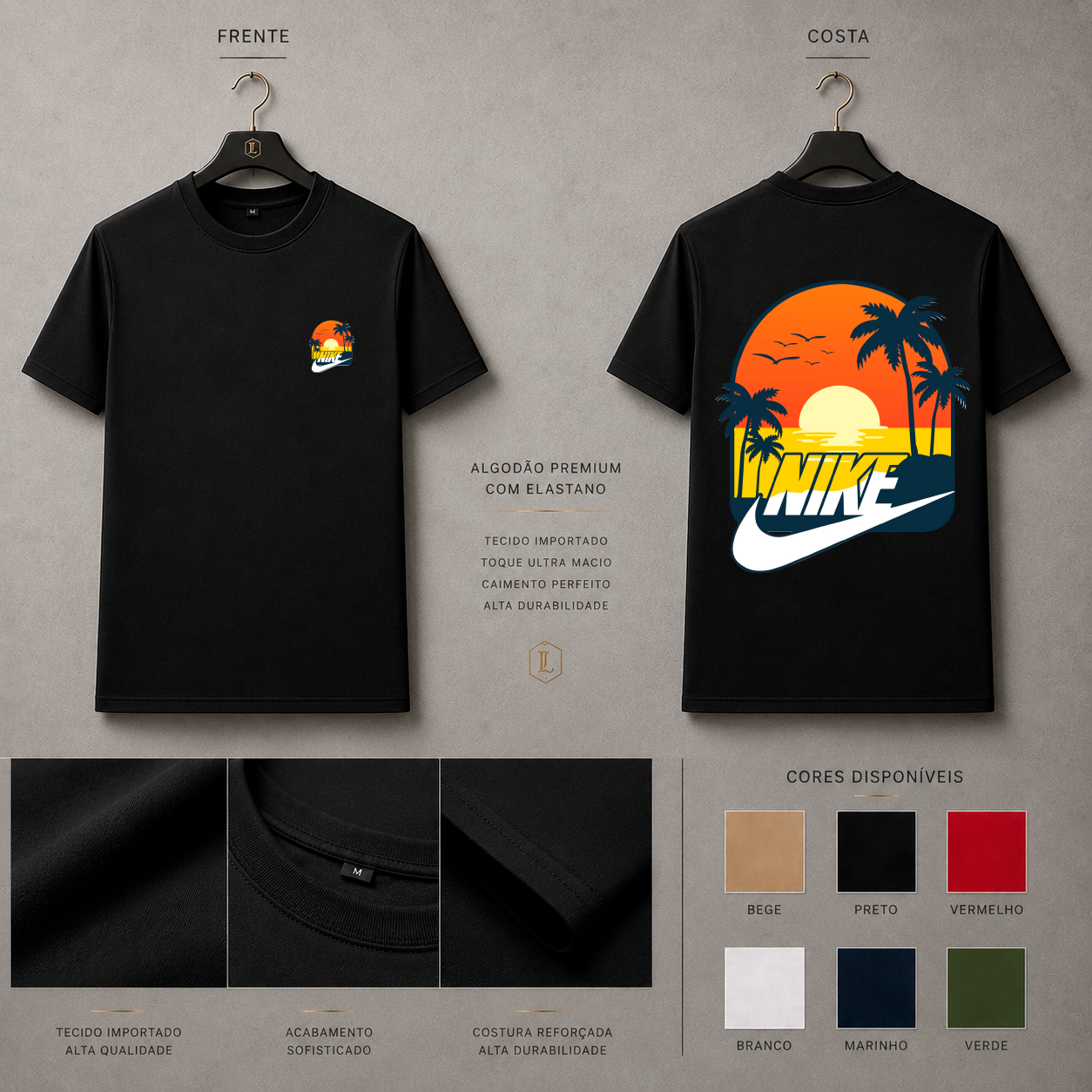 Camisa Importada Pima Nike Sunset Palms - paisagem tropical de pôr do sol com palmeiras e swoosh