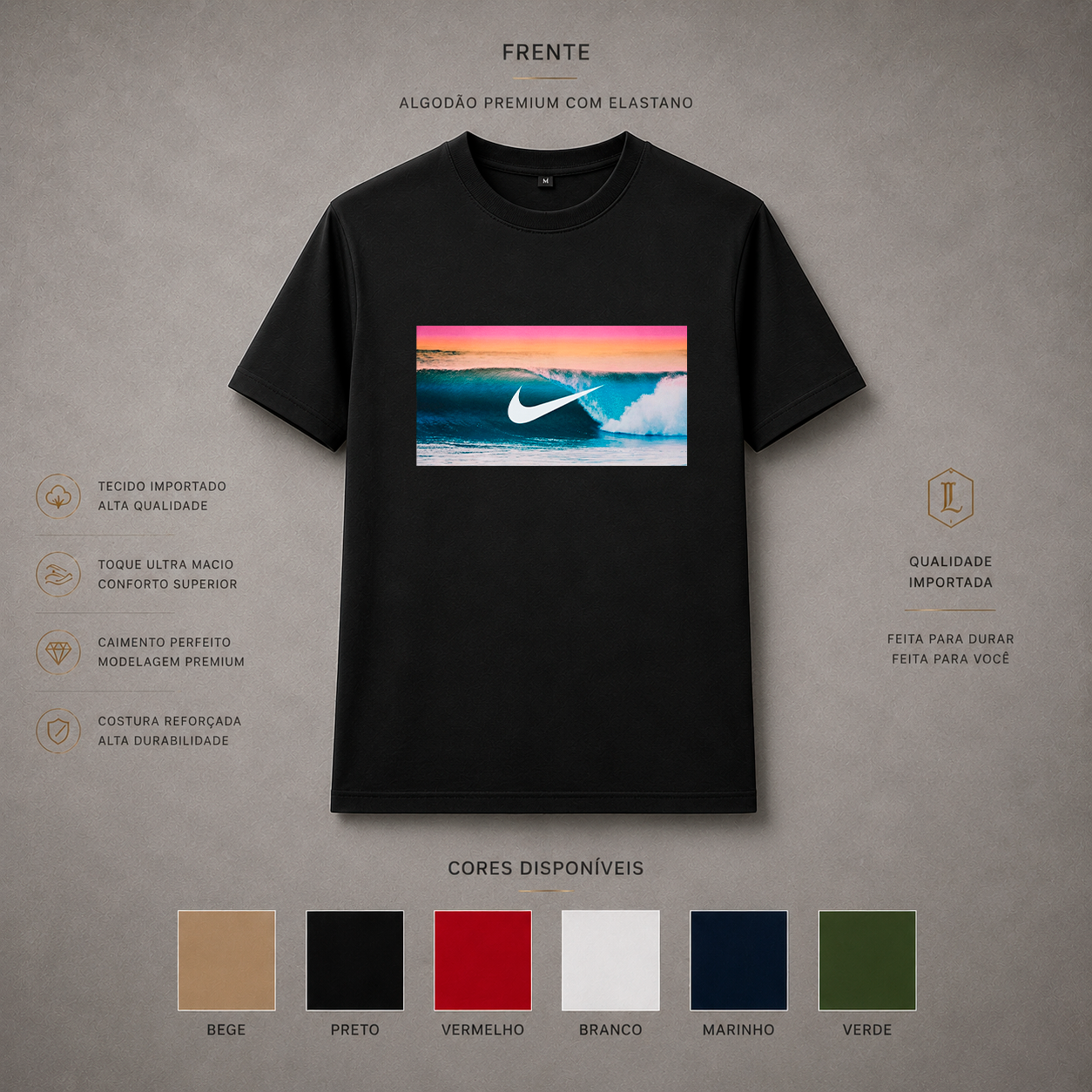 Camisa Importada Pima Nike Onda Sunset - arte frontal de uma onda azul sob pôr do sol em degradê