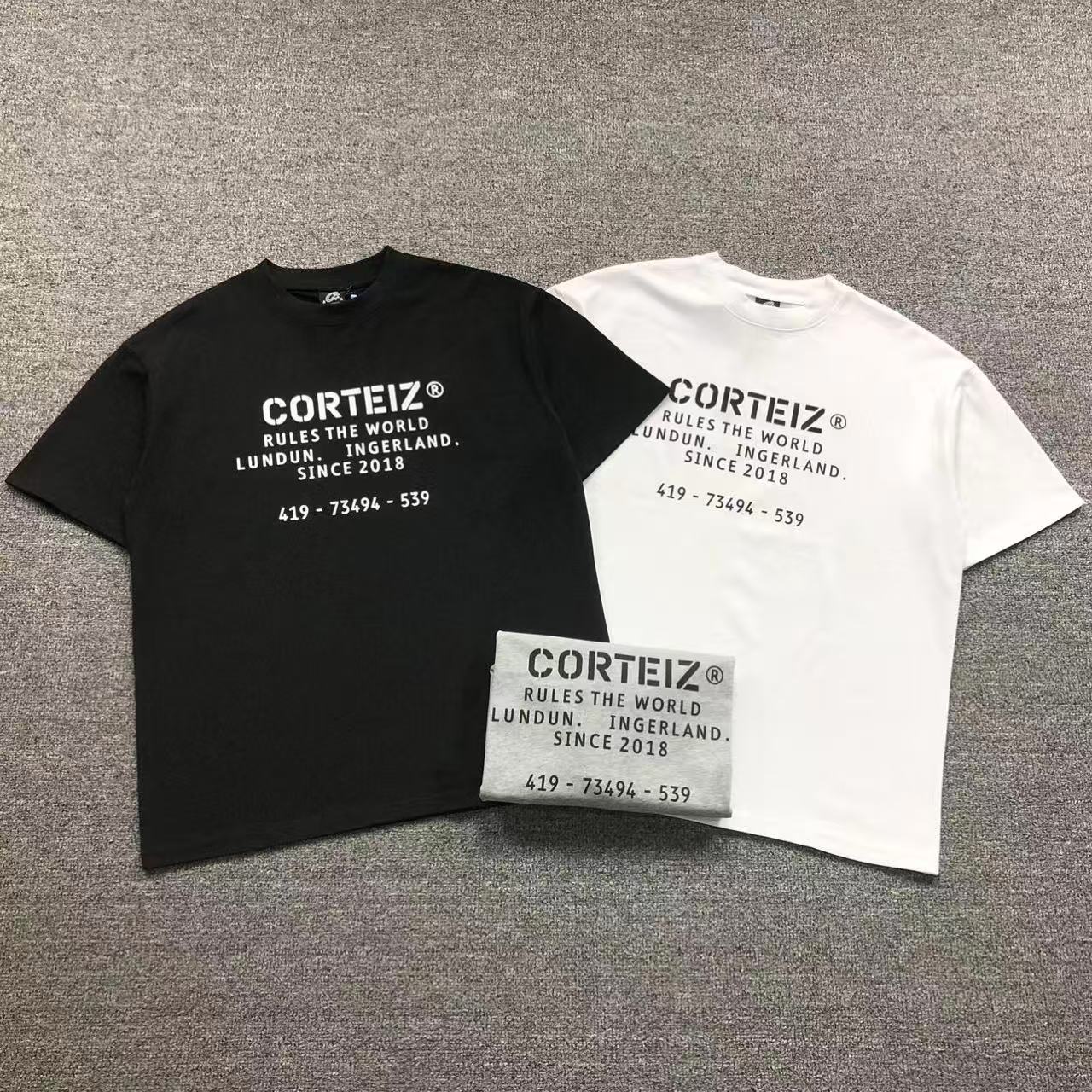 Camisa Corteiz Rules The World Preta, Branca E Cinza — frente