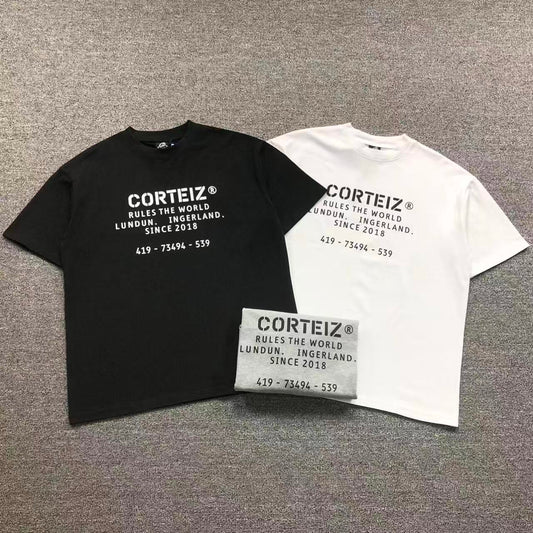 Camisa Corteiz Rules The World Preta, Branca E Cinza — frente