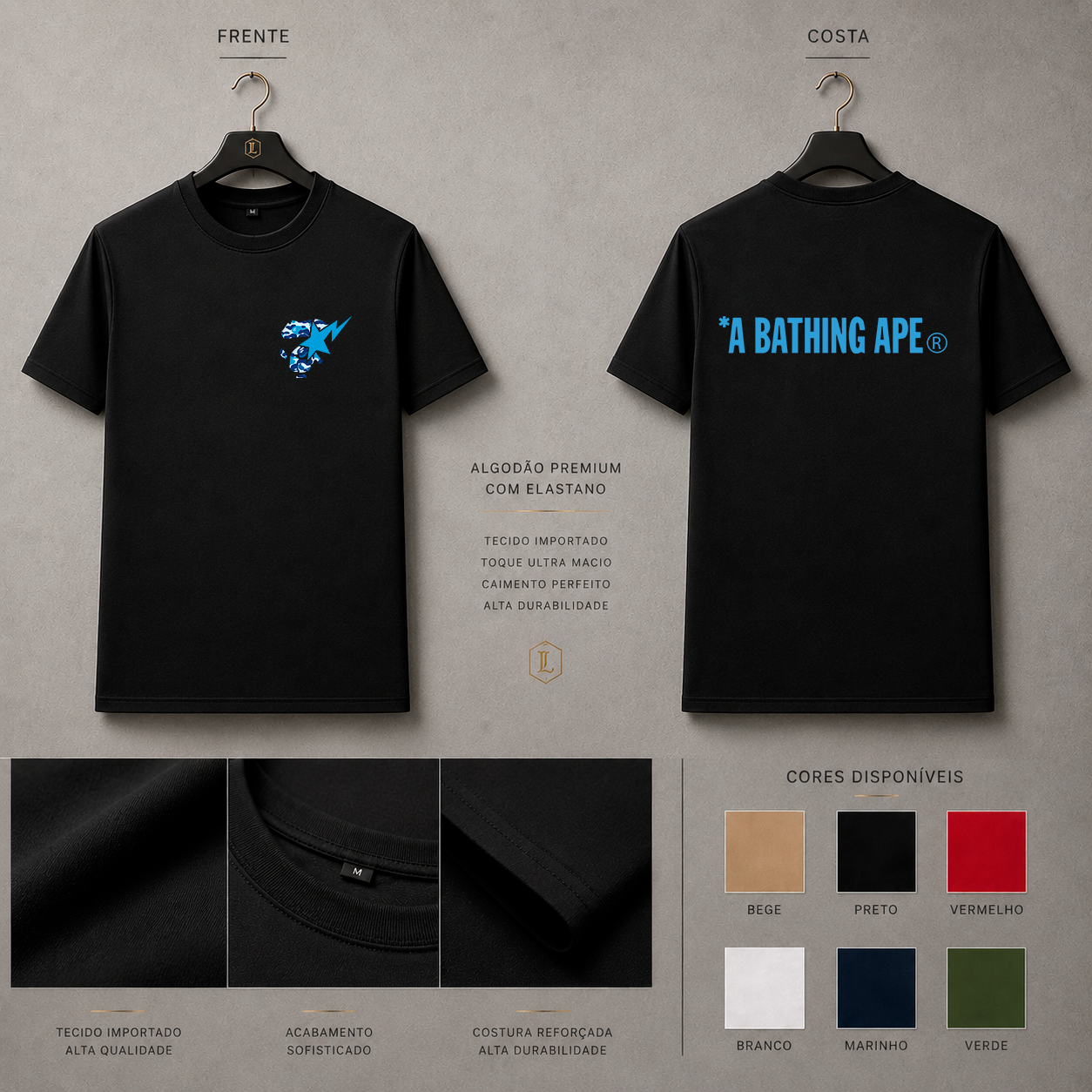 Camisa Importada Pima Bape Blue Bolt - cabeça Bape azul com raio e lettering nas costas