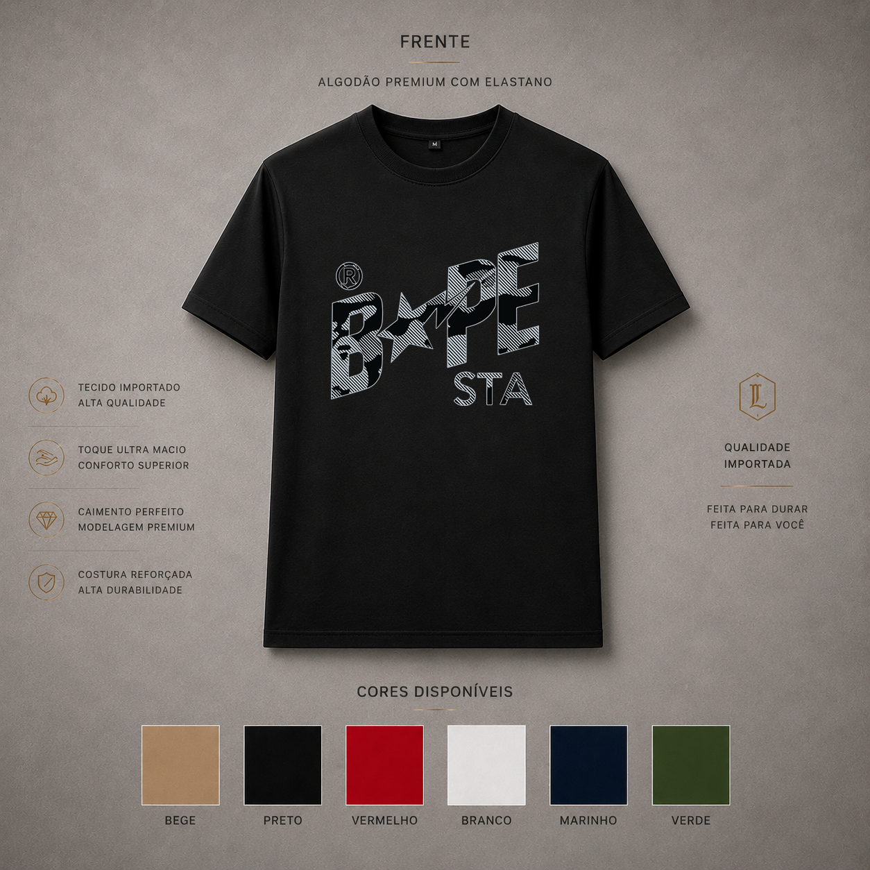 Camisa Importada Pima Bape Star Line - tipografia Bape com estrela central e traço técnico