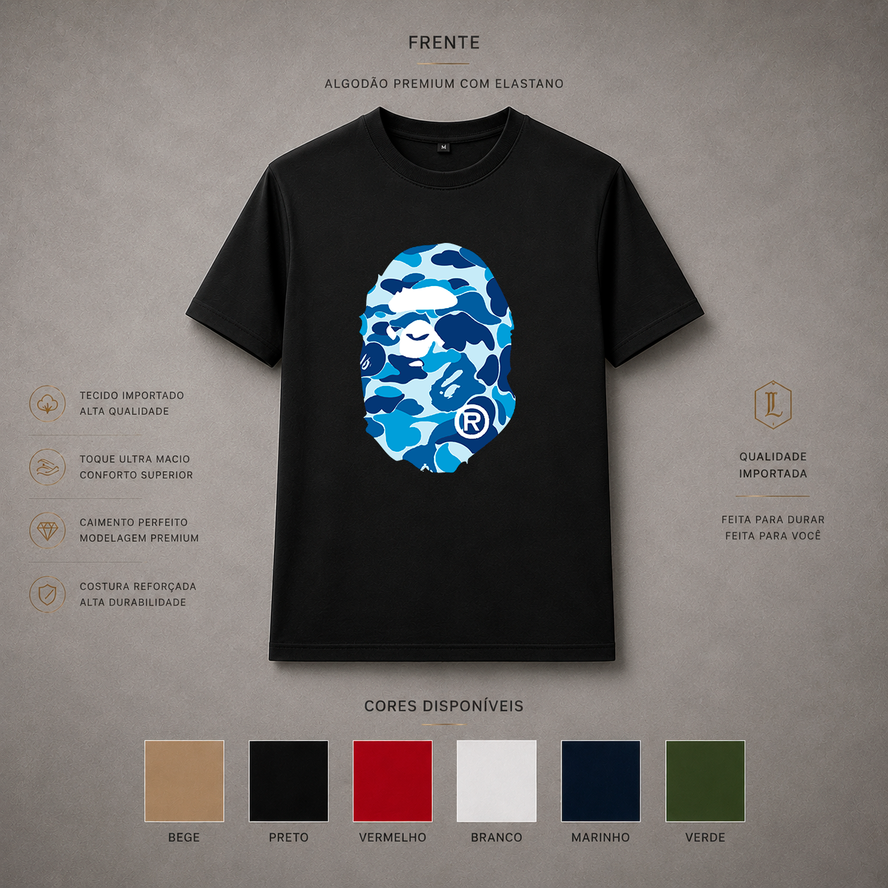 Camisa Importada Pima Bape Blue Camo - cabeça de ape em camuflagem azul
