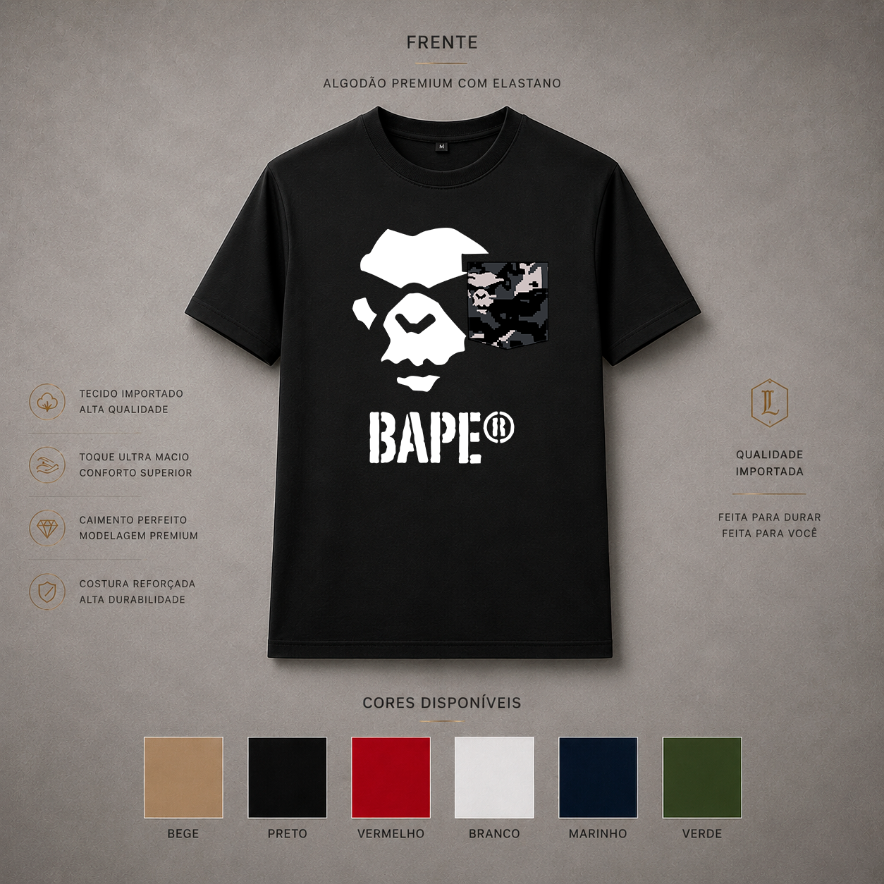 Camisa Importada Pima Bape Camo Skull - caveira ape em branco com bolsinho camuflado