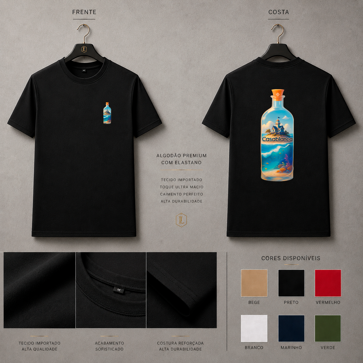 Camisa Importada Pima Casablanca Bottle Coast - frasco ilustrado com paisagem marítima e lettering Casablanca