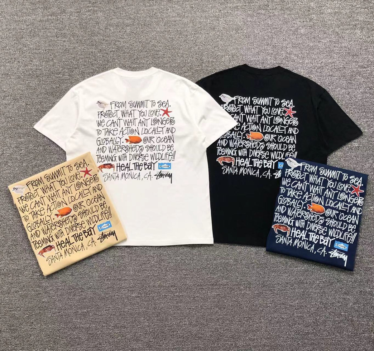 Camisa Stussy Heal The Bay Disponível Em Branco, Preto, Azul Marinho E Areia — costa