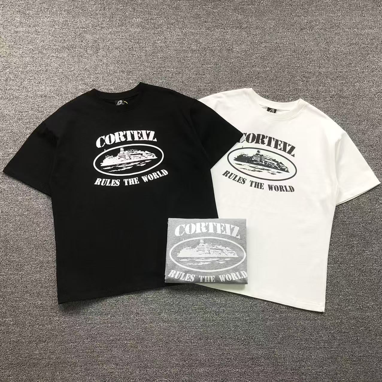 Camisa Corteiz Rules The World Preto, Branco E Cinza — frente