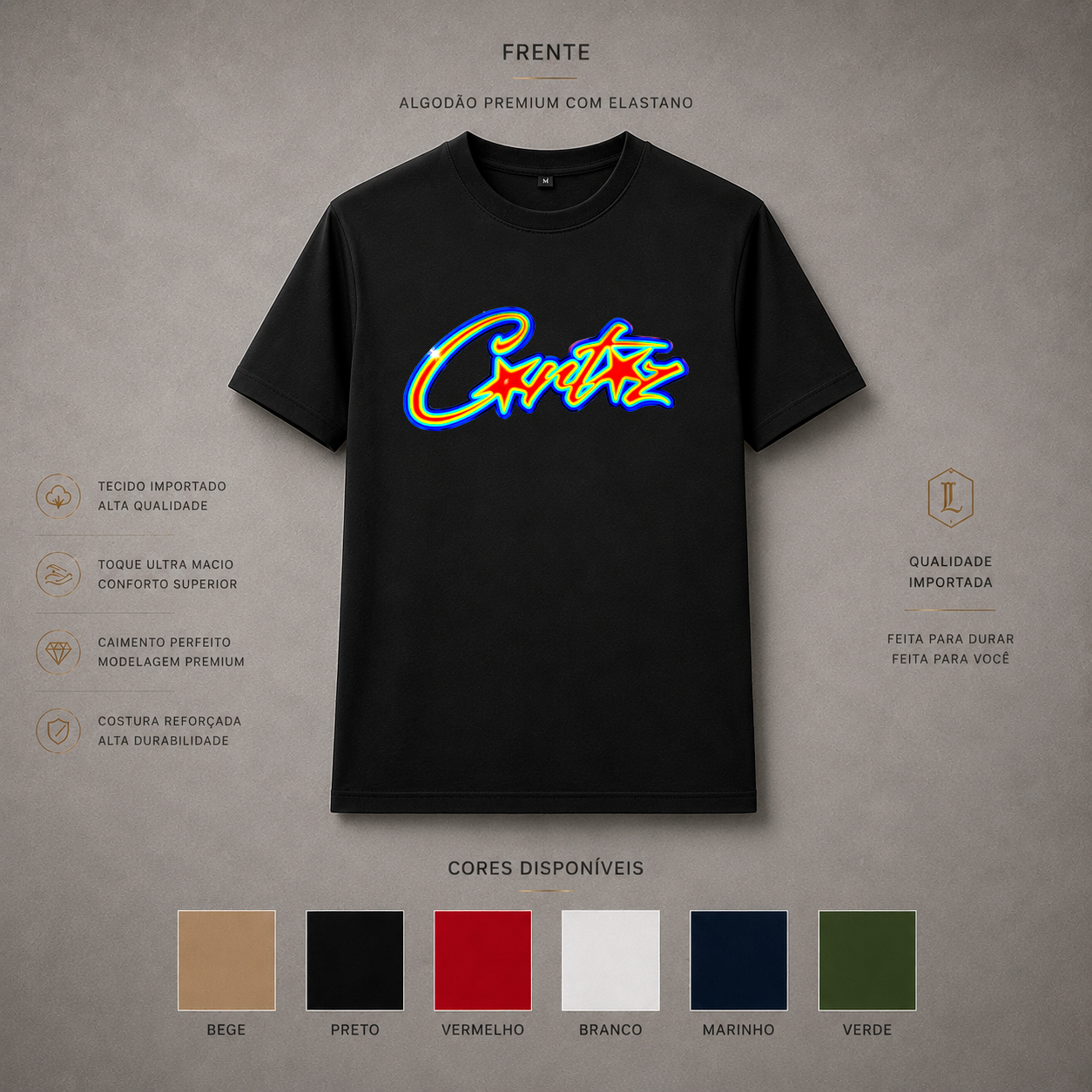 Camisa Importada Pima Corteiz Neon Script - lettering central multicolorido com efeito neon