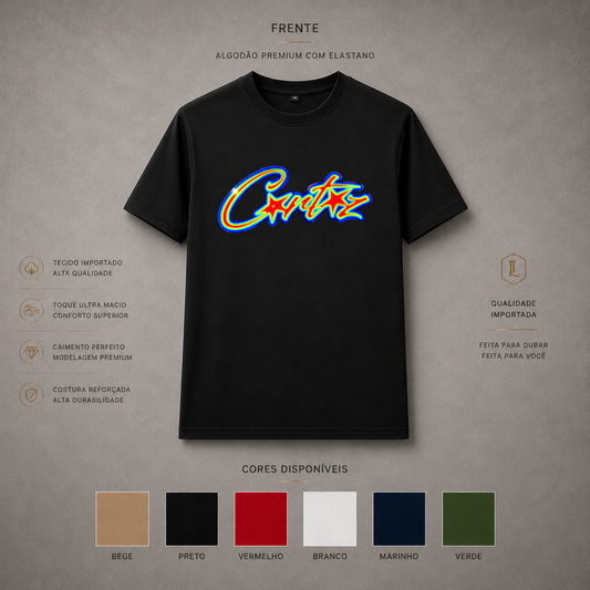 Camisa Importada Pima Corteiz Neon Script - lettering central multicolorido com efeito neon