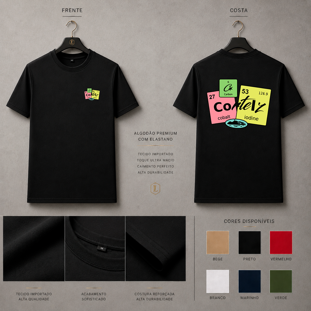 Camisa Importada Pima Corteiz Elements - arte gráfica inspirada em tabela periódica com blocos coloridos