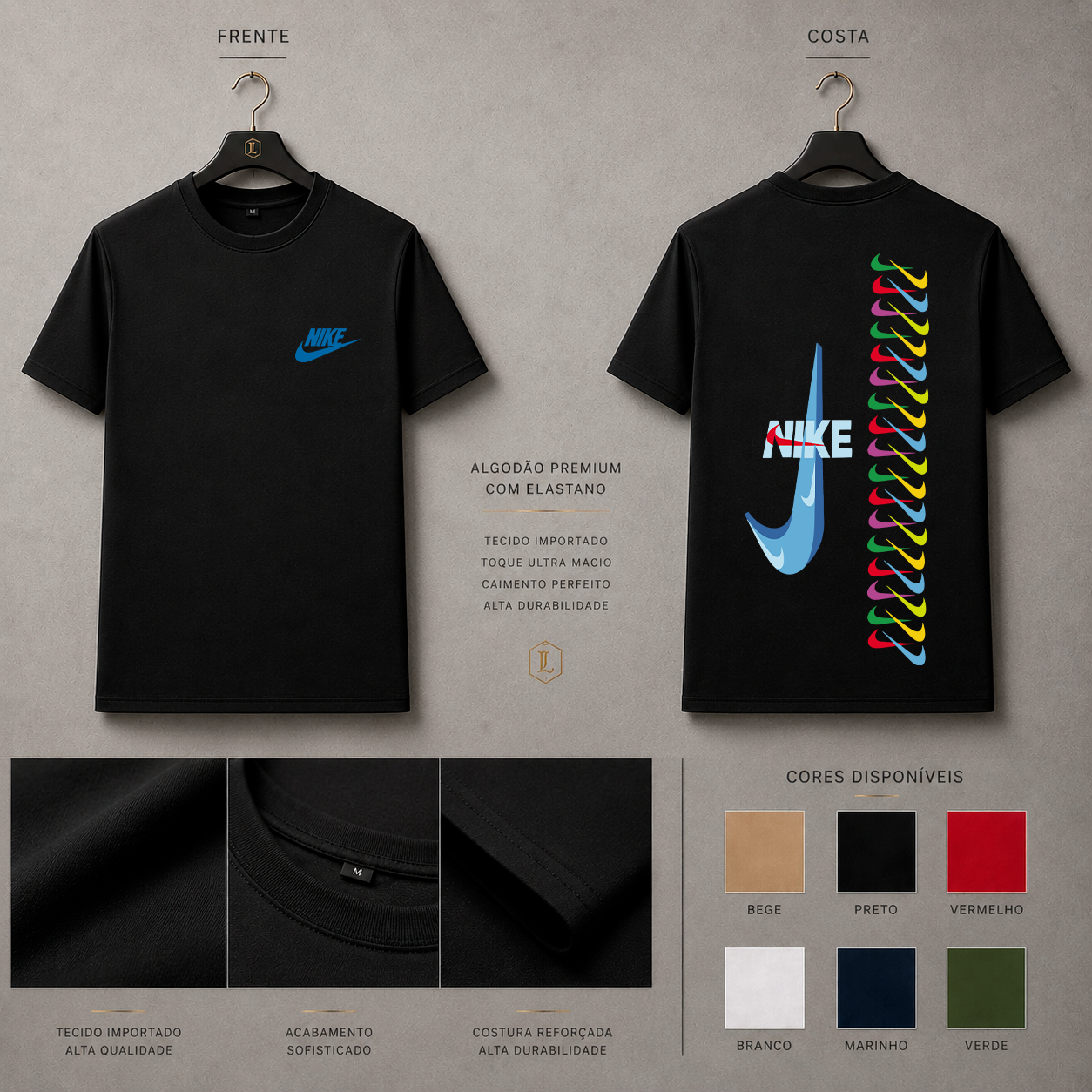 Camisa Importada Pima Nike Stacked Swoosh - swooshes empilhados multicoloridos com logo central