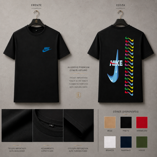 Camisa Importada Pima Nike Stacked Swoosh - swooshes empilhados multicoloridos com logo central