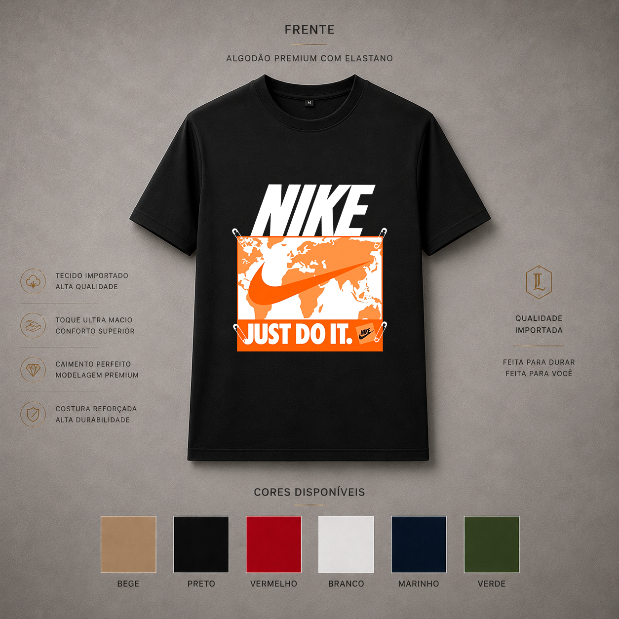 Camisa Importada Pima Nike Just Do It Map - mapa-múndi laranja com swoosh e frase Just Do It