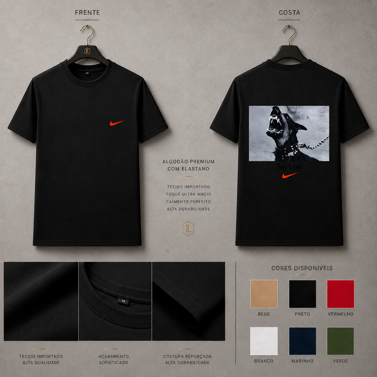 Camisa Importada Pima Nike Say Less Dog - foto monocromática de cachorro com frase Say Less e swoosh vermelho