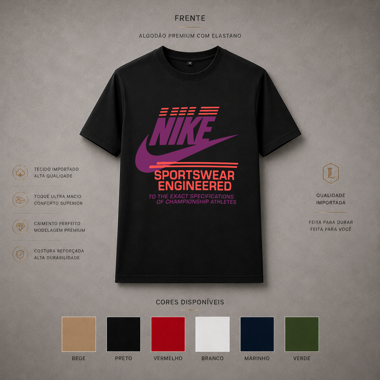 Camisa Importada Pima Nike Sportswear Engineered - logo Nike Sportswear em roxo e coral com tipografia técnica