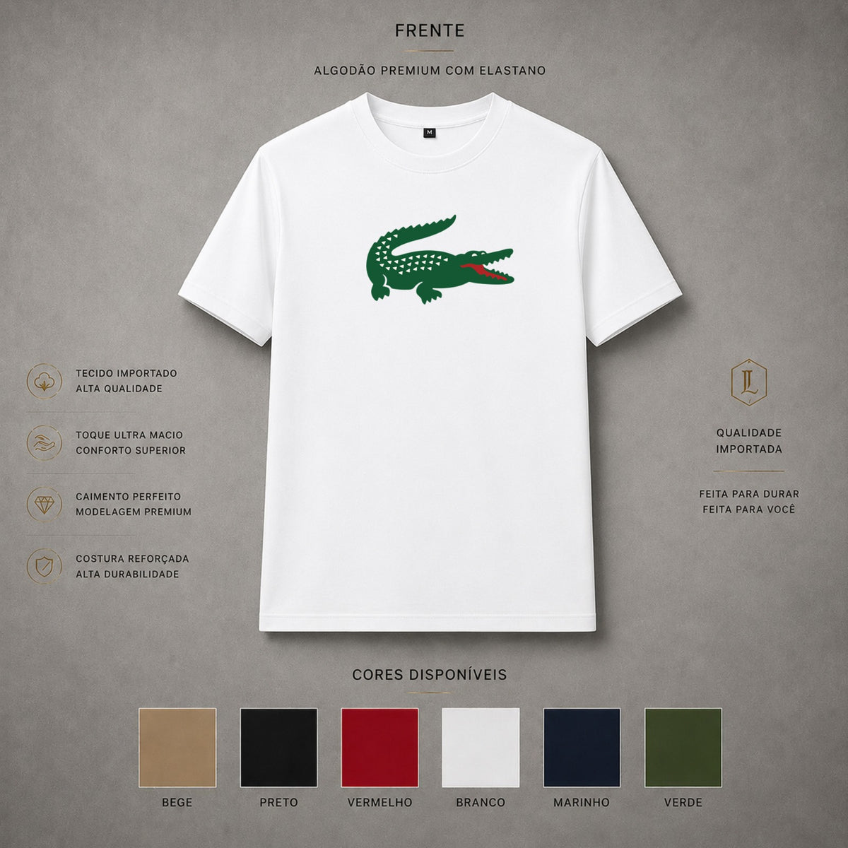 Camisa Importada Pima Lacoste Croc Logo Branca — frente