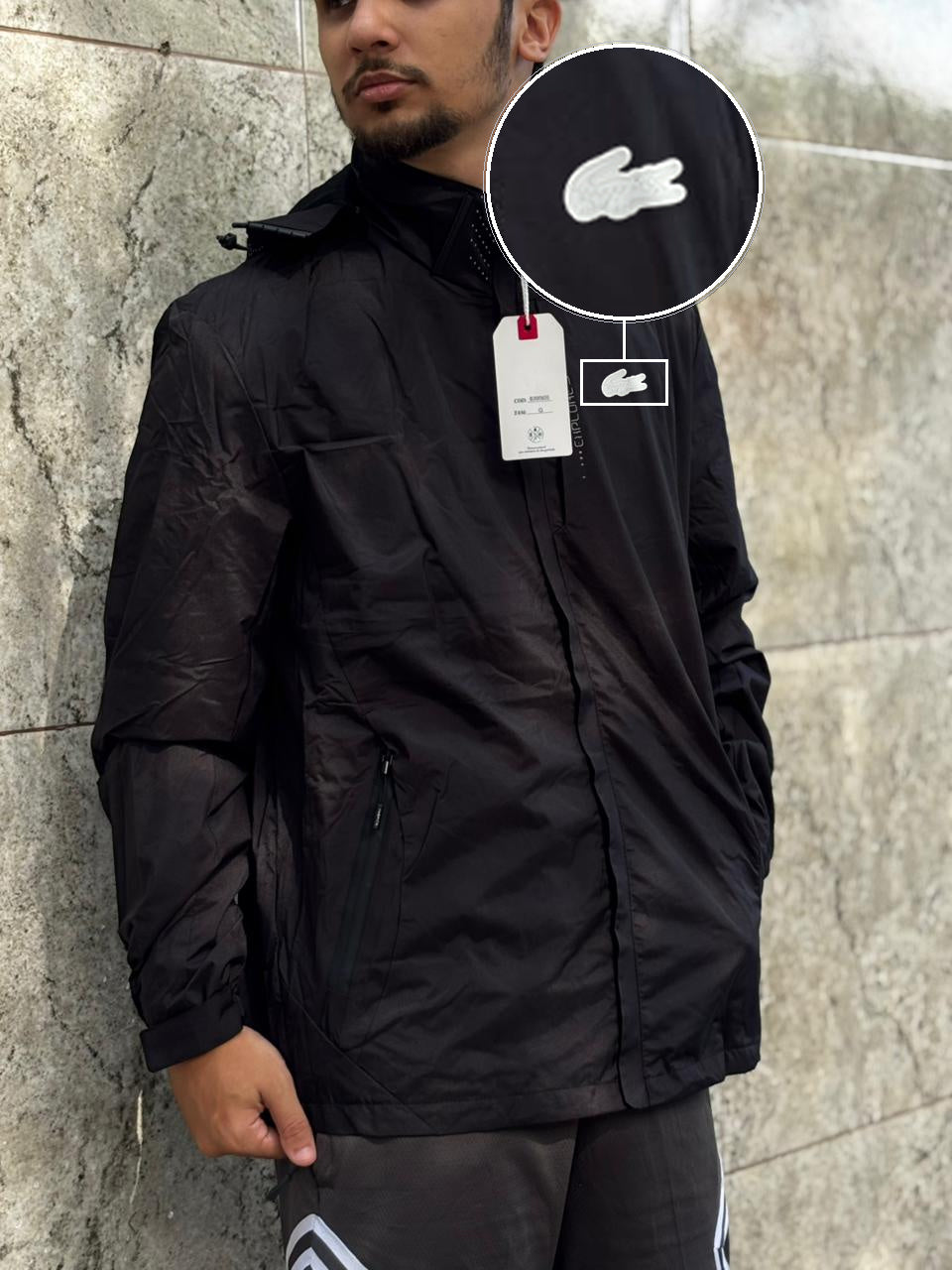 Casaco Corta Vento Impermeavel Storm PRO 2026 Preto com patch Lacoste Sp Branco