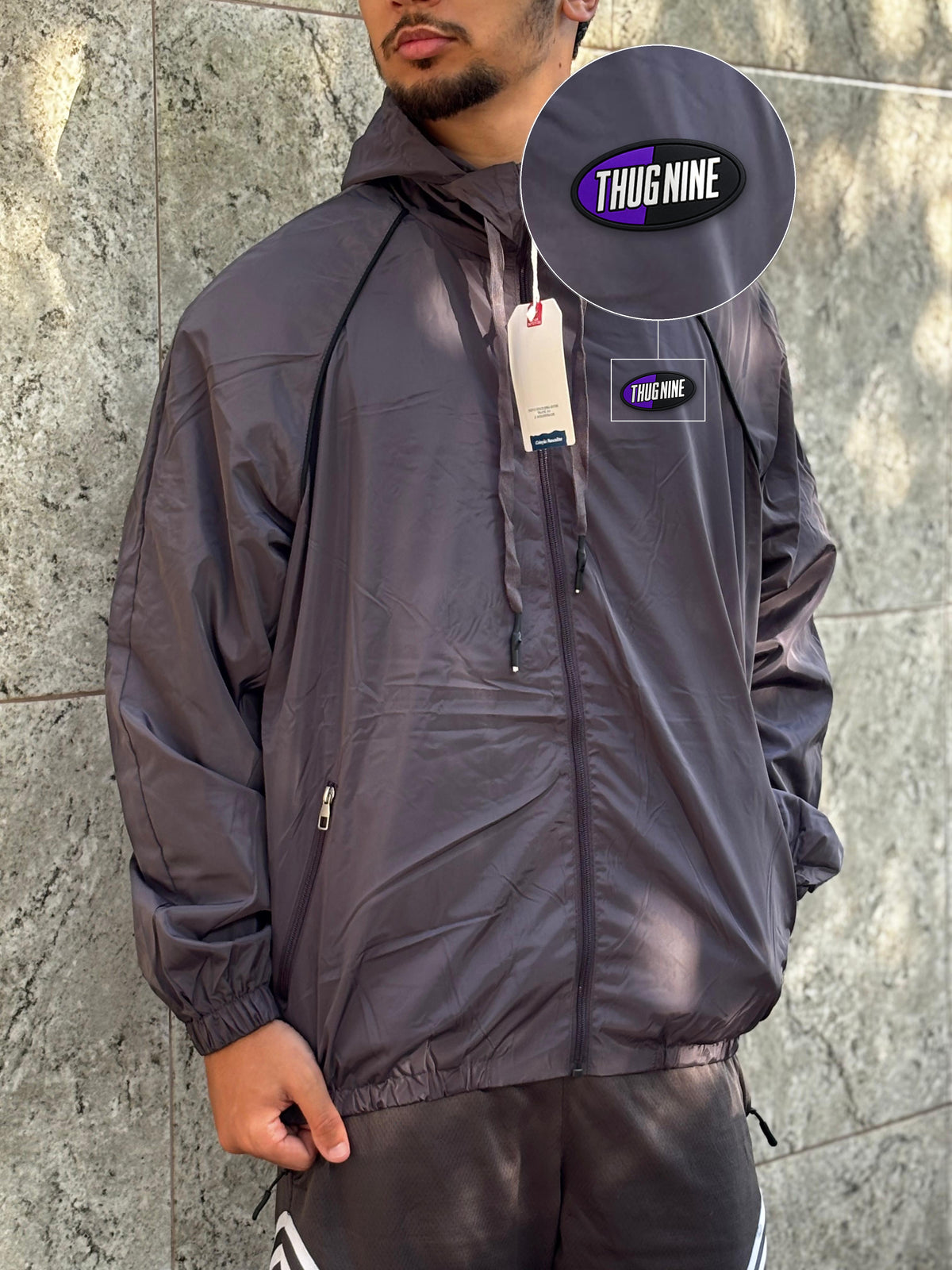Casaco Corta Vento Importado Alpine North 2026 Chumbo com patch Thug Nine Oval Preto Com Roxo