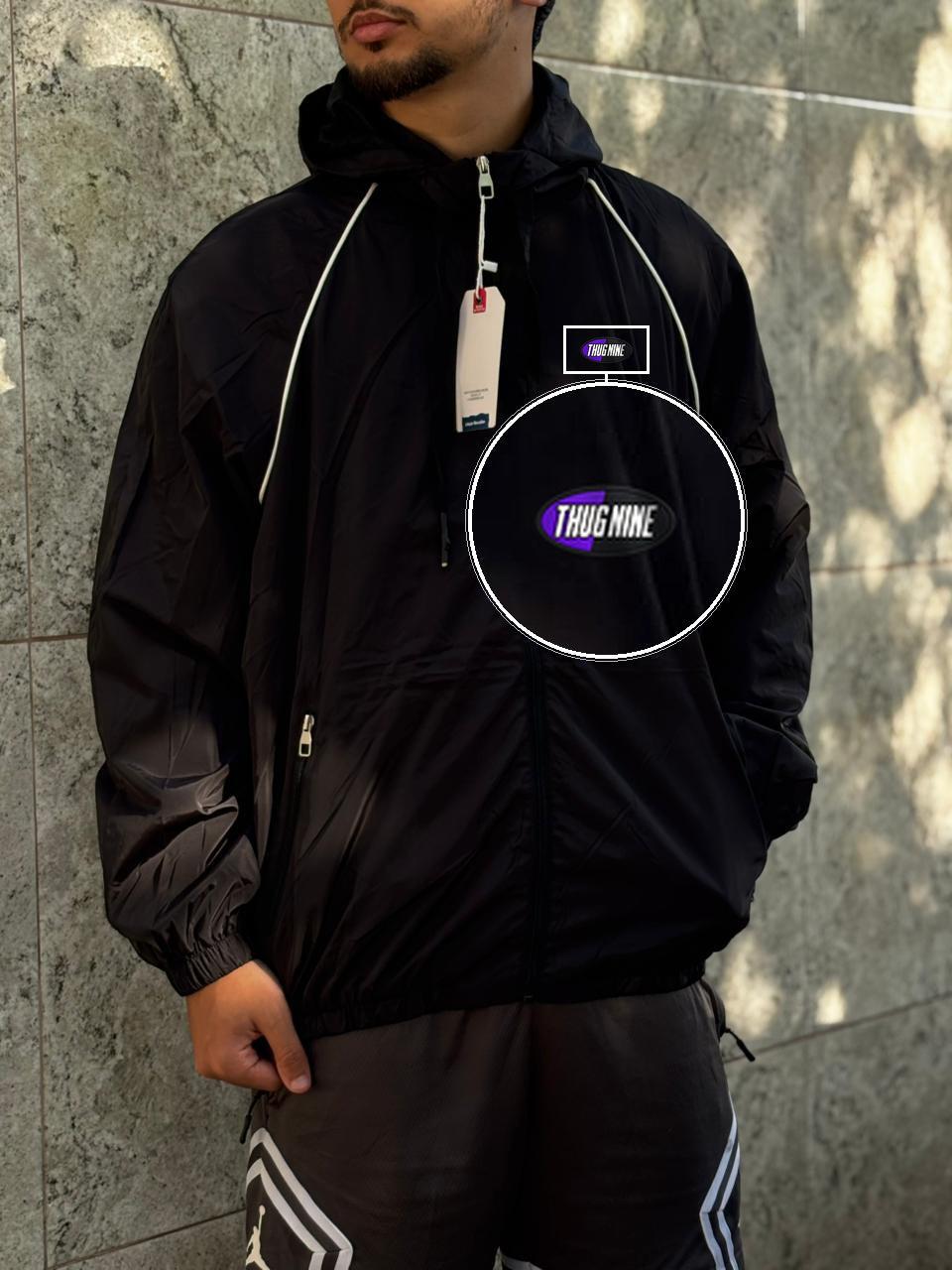 Casaco Corta Vento Importado Alpine North 2026 Preto com patch Thug Nine Oval Preto Com Roxo