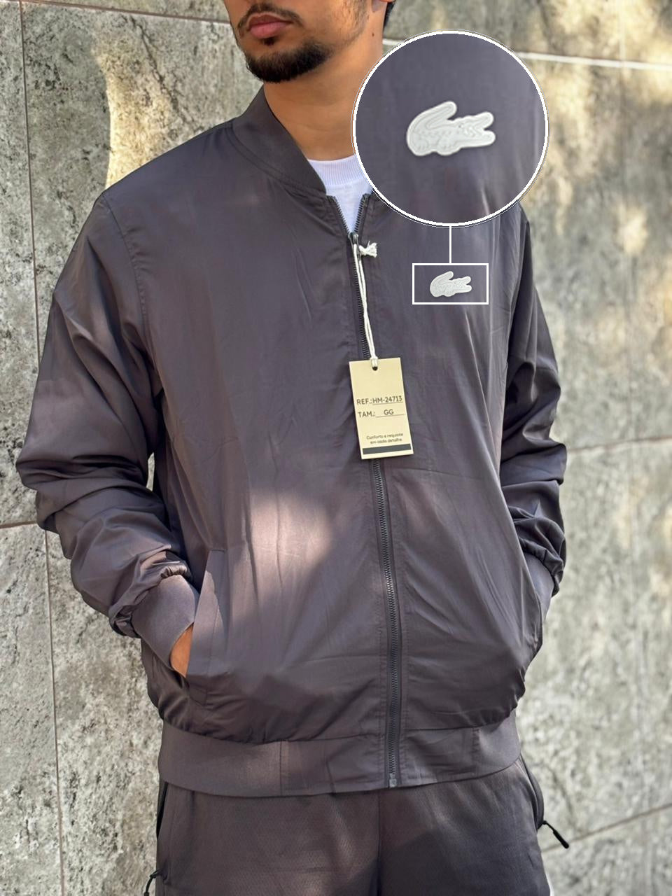 Casaco Corta Vento Importado Minimal Bomber 2026 Chumbo com patch Lacoste Sp Branco