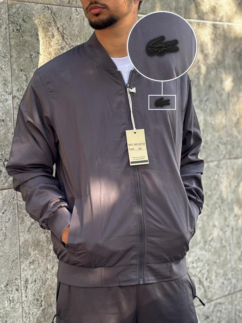 Casaco Corta Vento Importado Minimal Bomber 2026 Chumbo com patch Lacoste Sp Preto