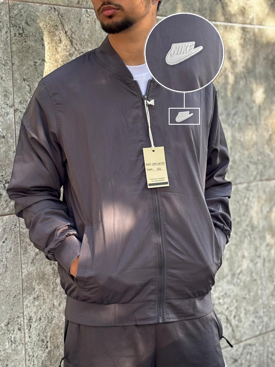 Casaco Corta Vento Importado Minimal Bomber 2026 Chumbo com patch Nike Branco