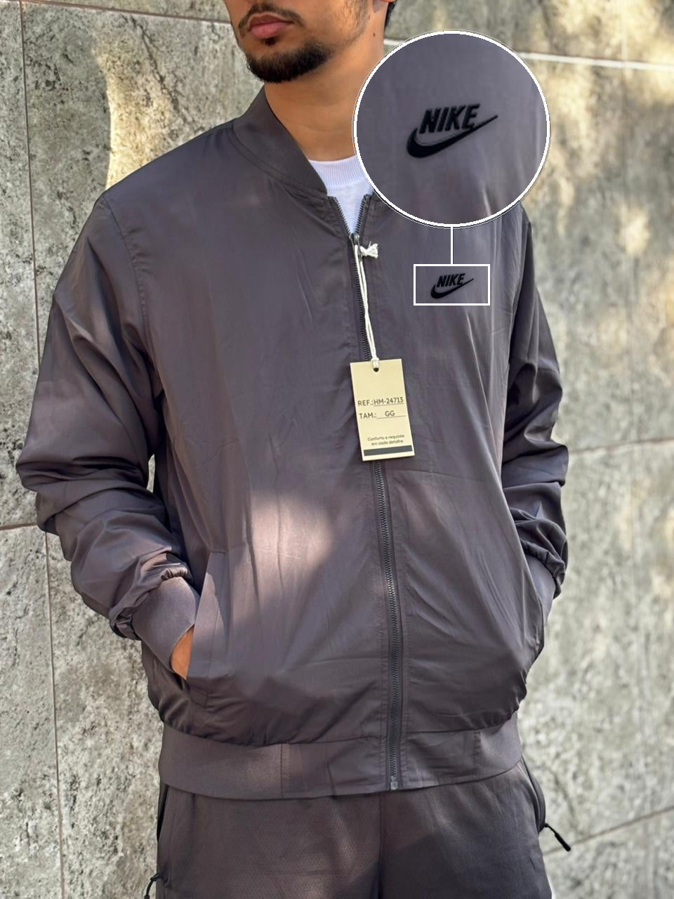 Casaco Corta Vento Importado Minimal Bomber 2026 Chumbo com patch Nike Escrita Sp Preto