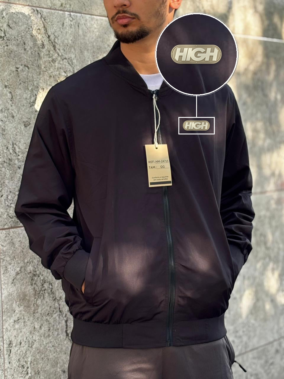Casaco Corta Vento Importado Minimal Bomber 2026 Preto com patch High Resina Oval Bege