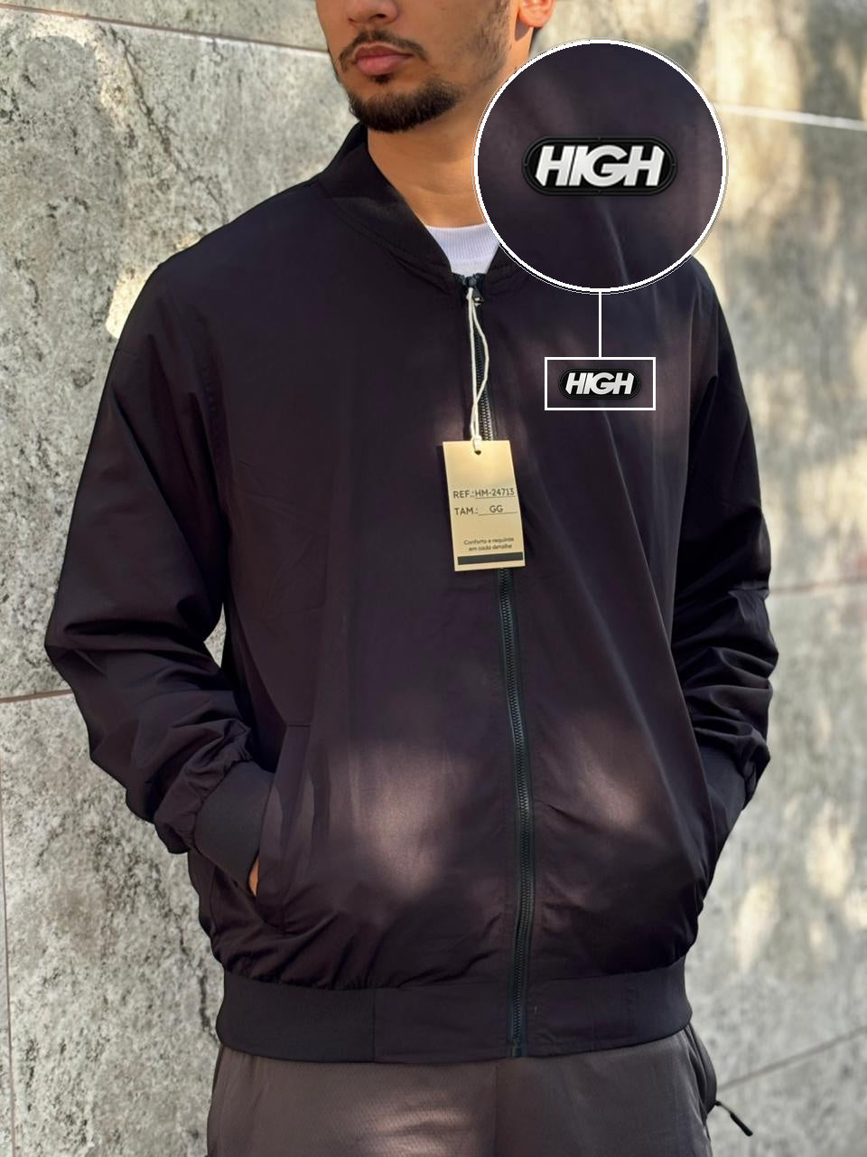 Casaco Corta Vento Importado Minimal Bomber 2026 Preto com patch High Resina Oval Preta