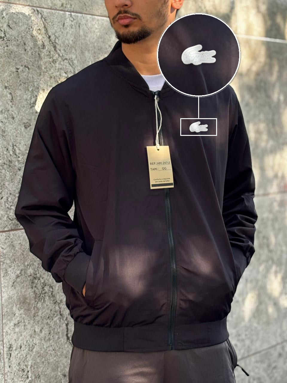 Casaco Corta Vento Importado Minimal Bomber 2026 Preto com patch Lacoste Sp Branco