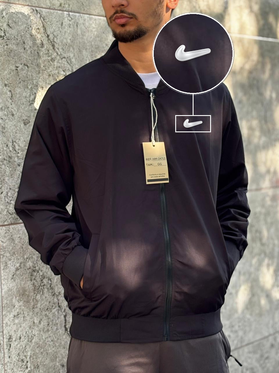 Casaco Corta Vento Importado Minimal Bomber 2026 Preto com patch Nike Facao Sp Branca