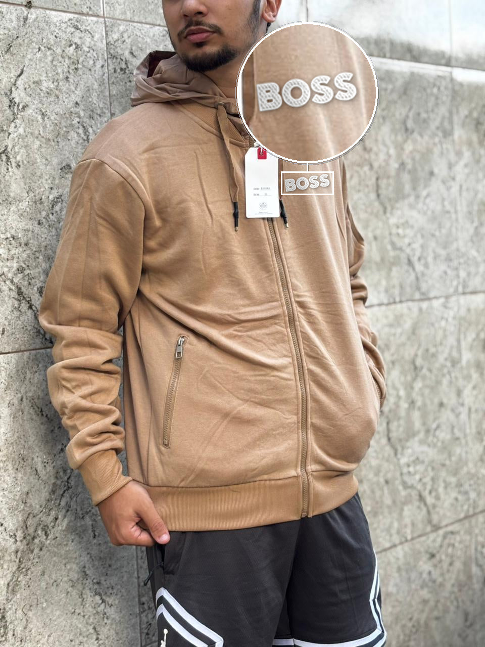 Casaco Moleton Ziper Importado Velvet Street 2026 Bege com patch Boss Sp Branco