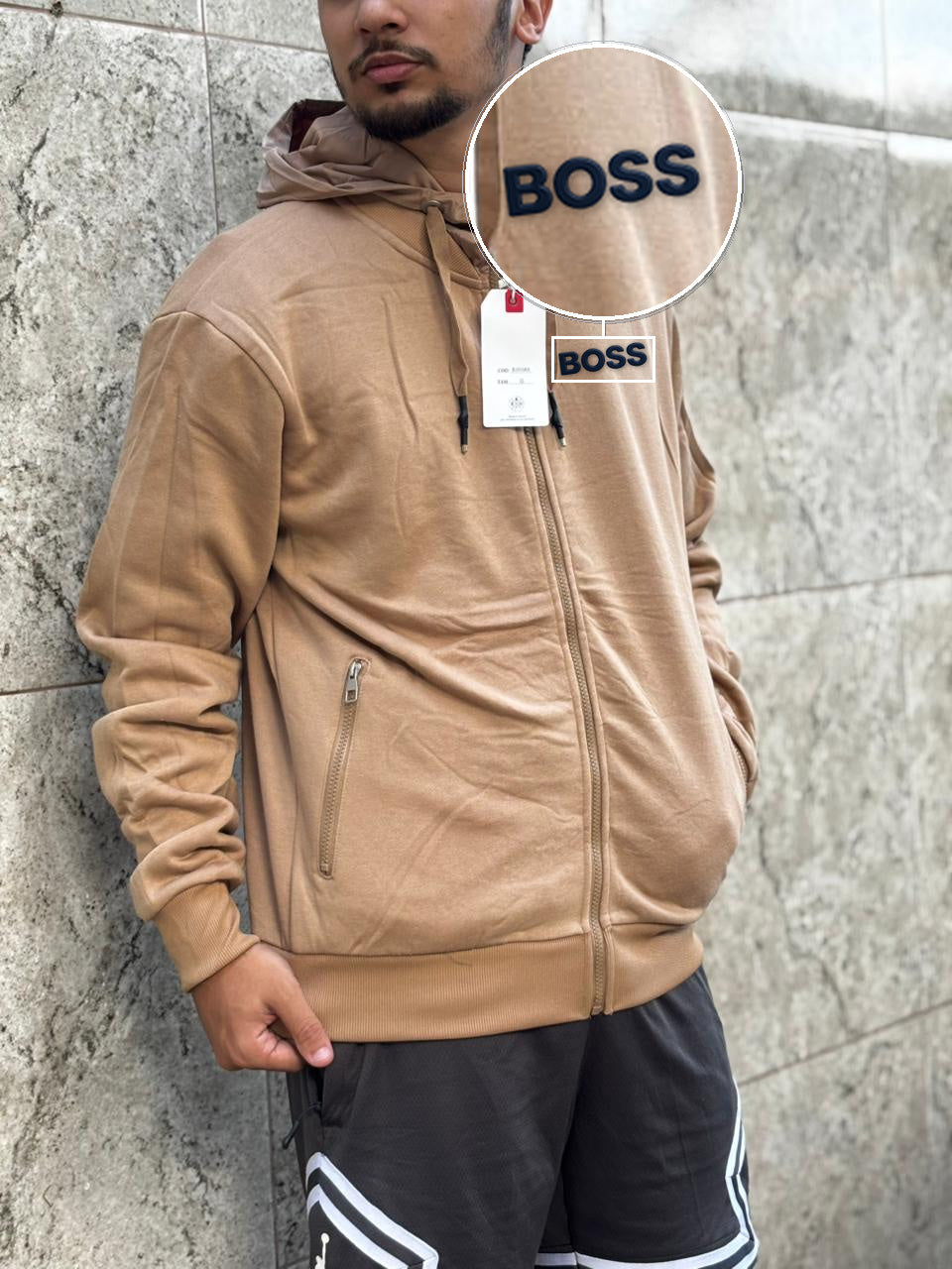 Casaco Moleton Ziper Importado Velvet Street 2026 Bege com patch Boss Sp Preto