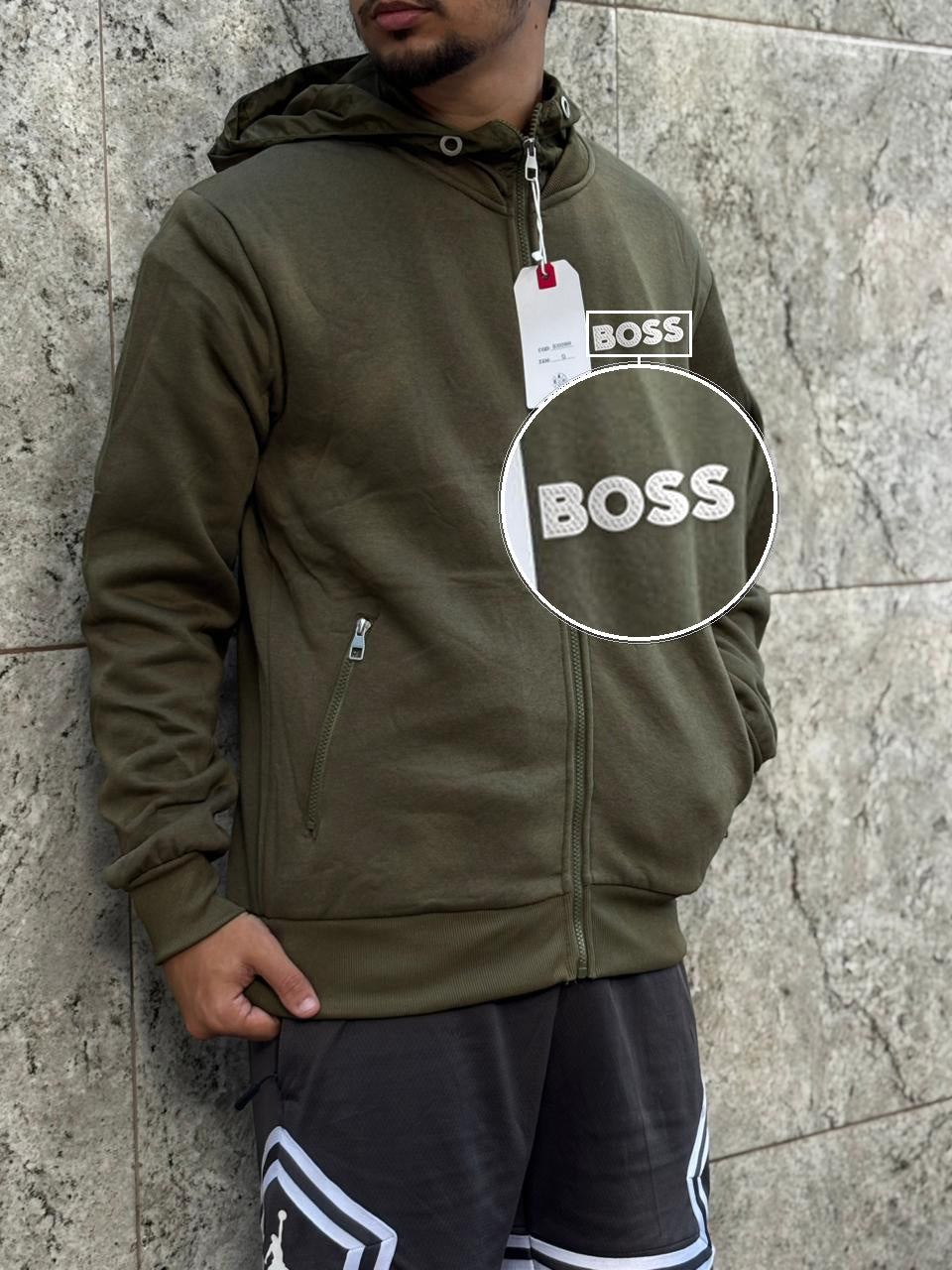 Casaco Moleton Ziper Importado Velvet Street 2026 Verde Militar com patch Boss Sp Branco