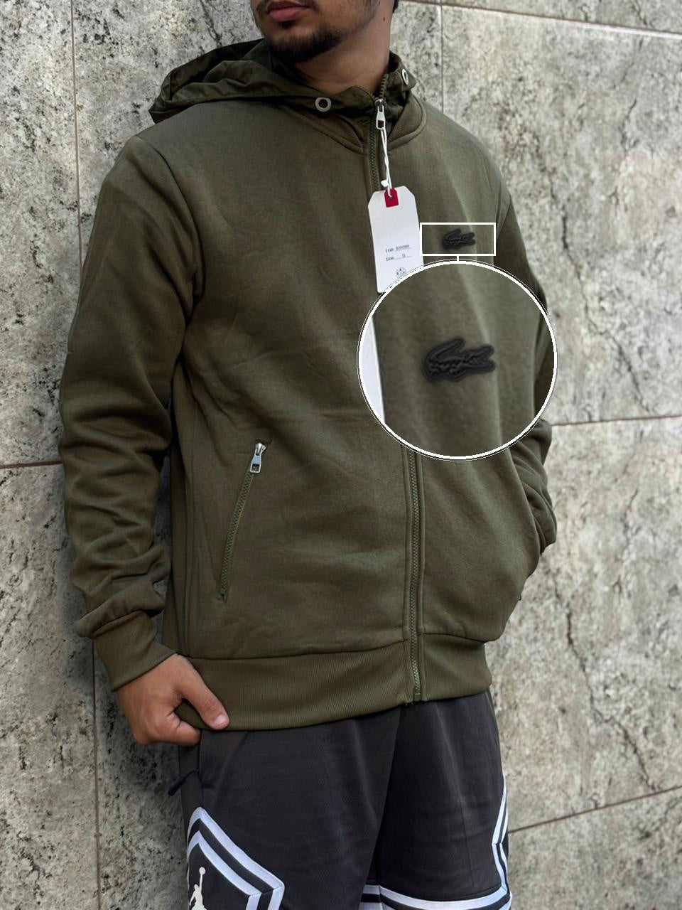 Casaco Moleton Ziper Importado Velvet Street 2026 Verde Militar com patch Lacoste Sp Preto