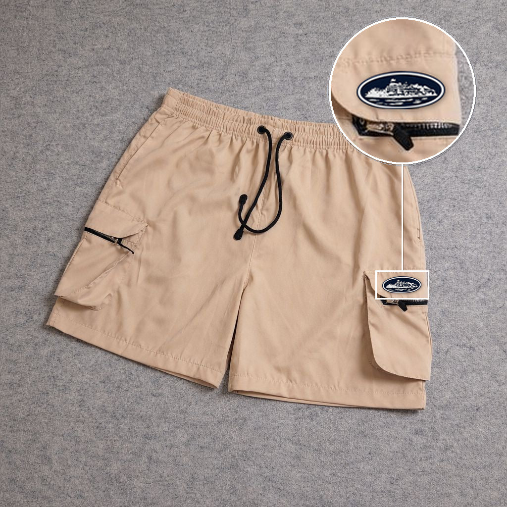 SHORT CARGO BOLSO MOCHILA COM ZÍPER BEGE com patch Cortez Prisao