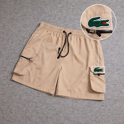 SHORT CARGO BOLSO MOCHILA COM ZÍPER BEGE com patch Lacoste Sp