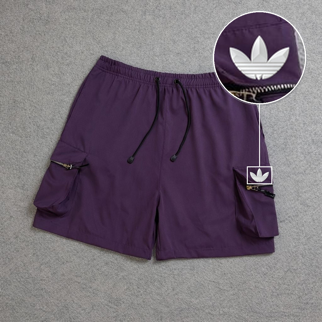 SHORT CARGO BOLSO MOCHILA COM ZÍPER ROXO com patch Adidas Branco