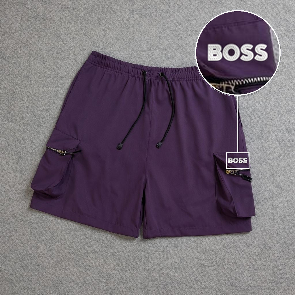SHORT CARGO BOLSO MOCHILA COM ZÍPER ROXO com patch Boss Sp Branco