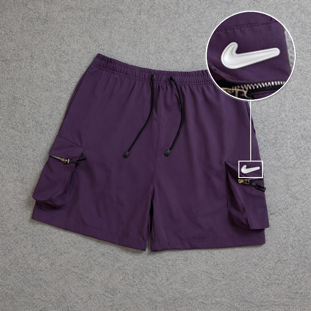 SHORT CARGO BOLSO MOCHILA COM ZÍPER ROXO com patch Nike Facao Sp Branca