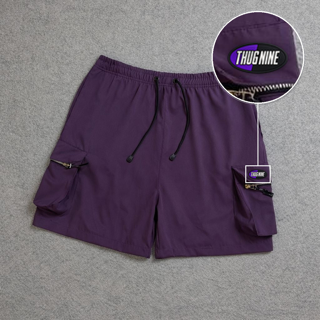 SHORT CARGO BOLSO MOCHILA COM ZÍPER ROXO com patch Thug Nine Oval Preto Com Roxo