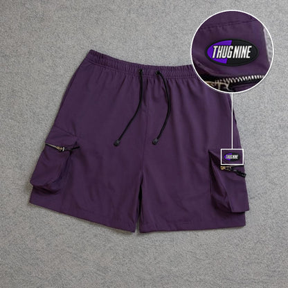 SHORT CARGO BOLSO MOCHILA COM ZÍPER ROXO com patch Thug Nine Oval Preto Com Roxo