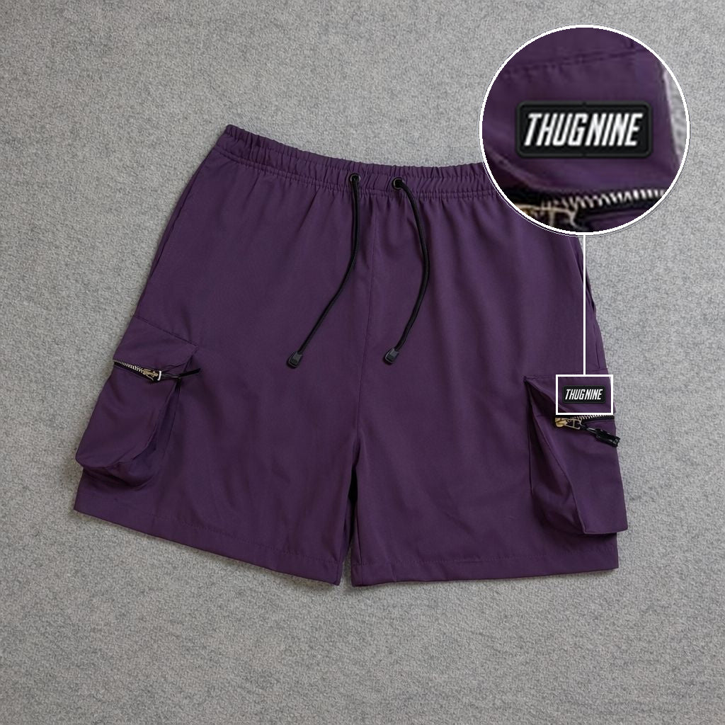 SHORT CARGO BOLSO MOCHILA COM ZÍPER ROXO com patch Thug Nine Retangular
