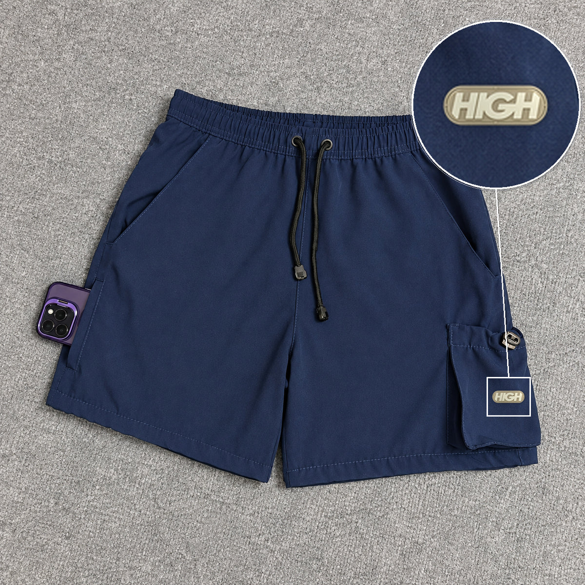Short Cargo Elastano Tech Azul Marinho com patch High Resina Oval Bege