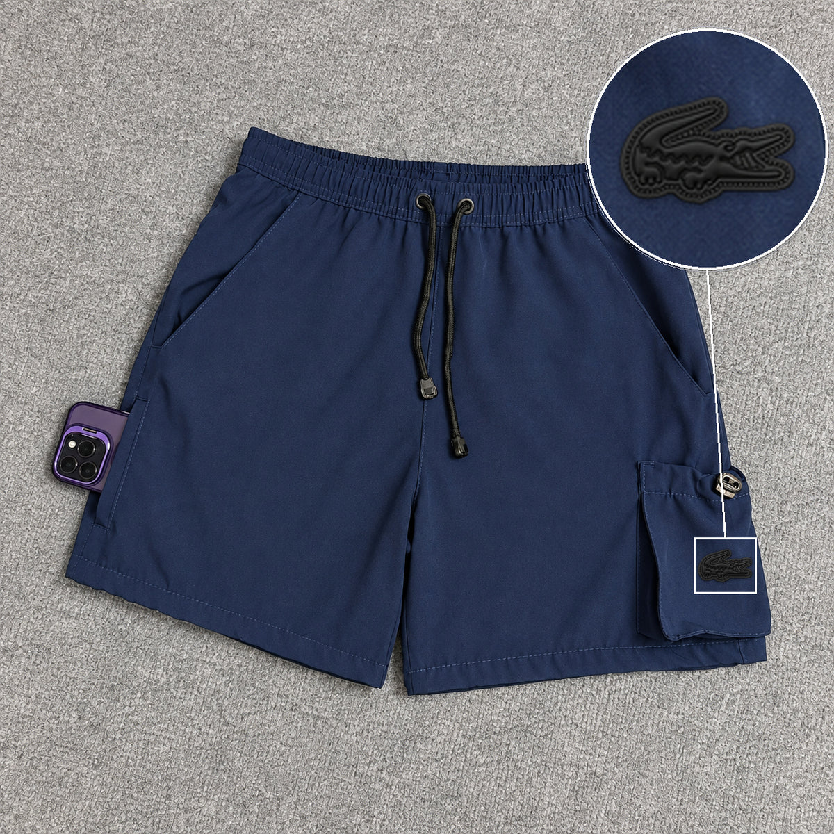 Short Cargo Elastano Tech Azul Marinho com patch Lacoste Sp Preto