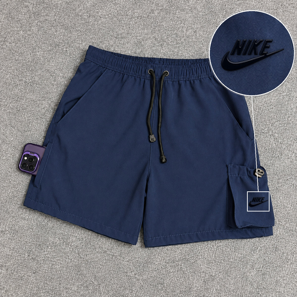 Short Cargo Elastano Tech Azul Marinho com patch Nike Escrita Sp Preto