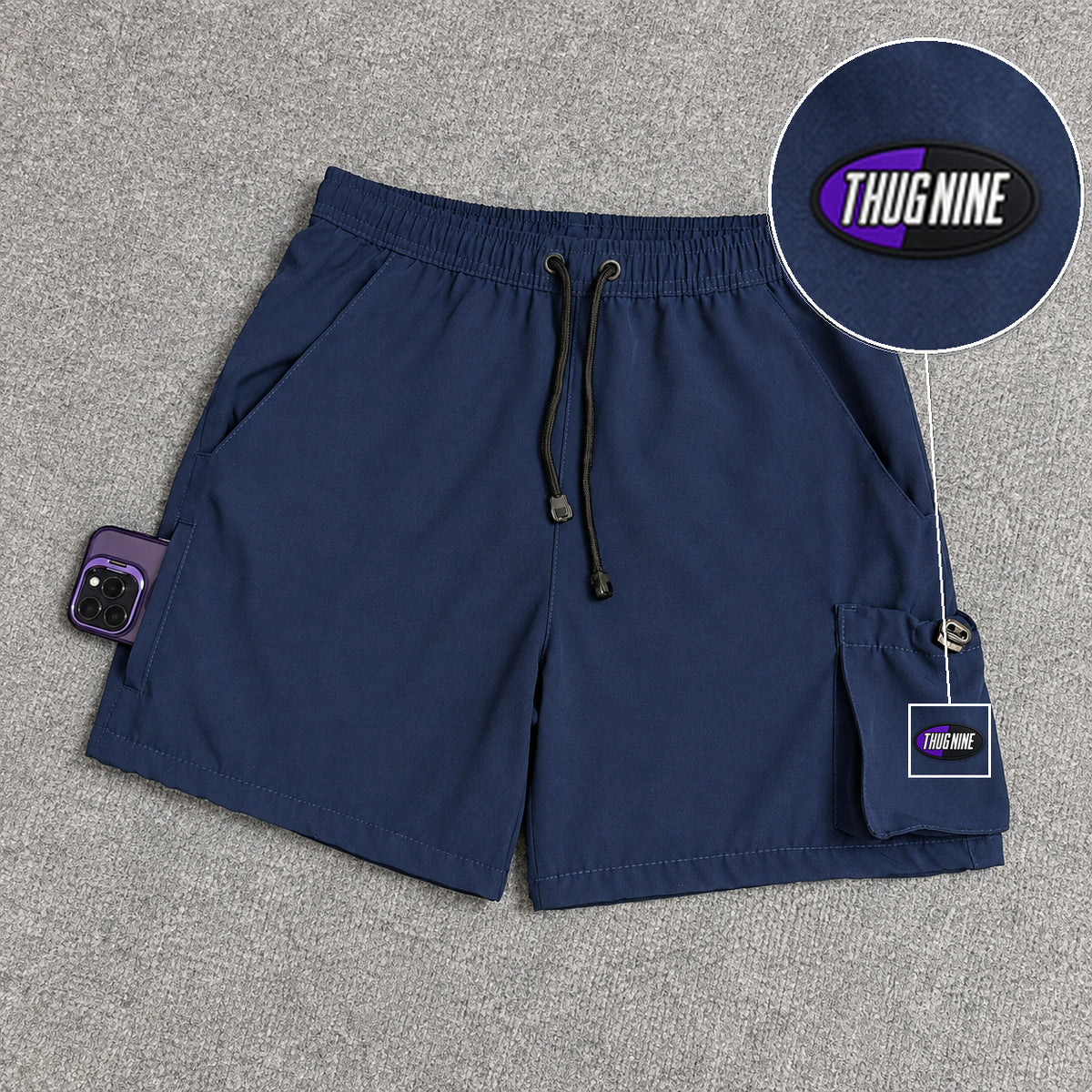 Short Cargo Elastano Tech Azul Marinho com patch Thug Nine Oval Preto Com Roxo