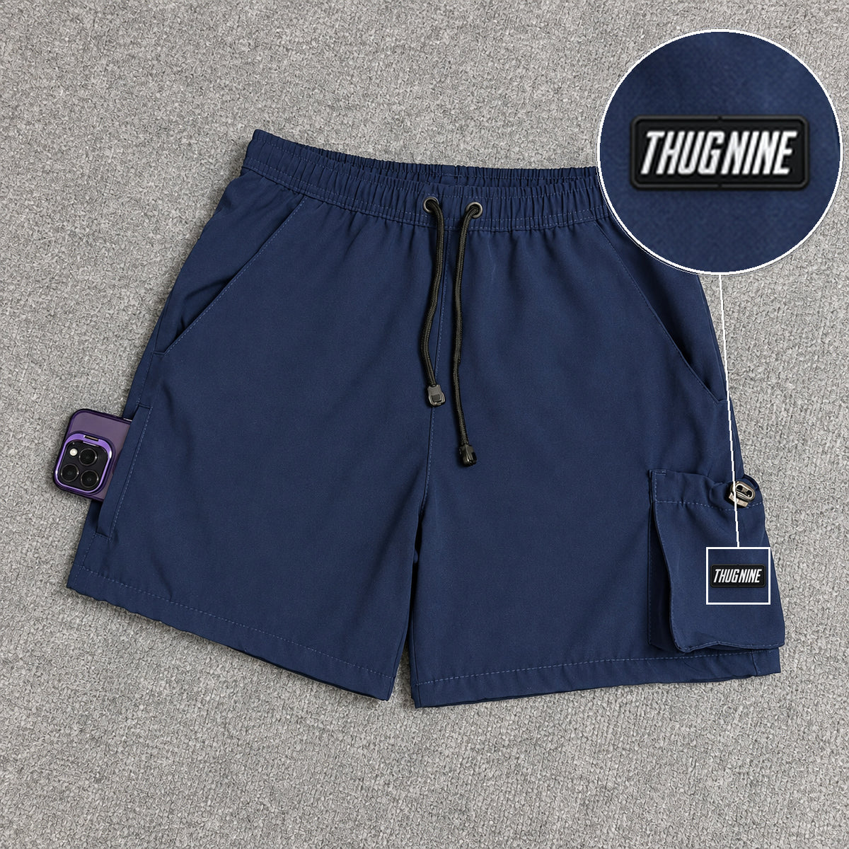 Short Cargo Elastano Tech Azul Marinho com patch Thug Nine Retangular
